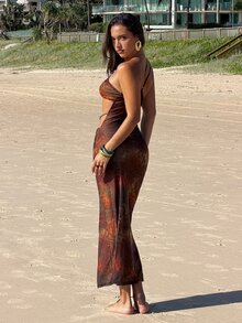 Aloruh Women's Elegant Sexy Leopard Print Knit Bodycon Dress,All Brown,Summer,Casual,Beach Vacation,Holiday,Y2K Festival Outfits,Long Party - Multicolor - View 2