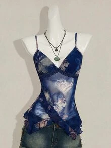 SHEIN ICON 女士度假风腰果印花荷叶边吊带背心，适合7月4日美国独立日，可爱夏季外出上衣 - 藍色 - 查看 3