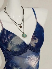 SHEIN ICON 女士度假风腰果印花荷叶边吊带背心，适合7月4日美国独立日，可爱夏季外出上衣 - 藍色 - 查看 6