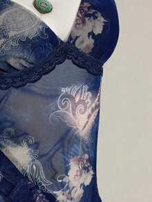 SHEIN ICON 女士度假风腰果印花荷叶边吊带背心，适合7月4日美国独立日，可爱夏季外出上衣 - 藍色 - 查看 4
