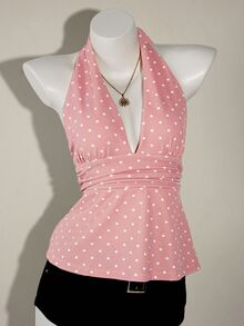 SHEIN ICON Camiseta sin tirantes de mujer con cuello en V profundo, drapeado y estampado de lunares, sin espalda - Rosa - Ver 4
