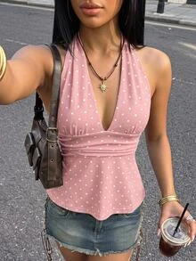 SHEIN ICON Camiseta sin tirantes de mujer con cuello en V profundo, drapeado y estampado de lunares, sin espalda - Rosa - Ver 9