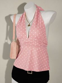 SHEIN ICON Camiseta sin tirantes de mujer con cuello en V profundo, drapeado y estampado de lunares, sin espalda - Rosa - Ver 6