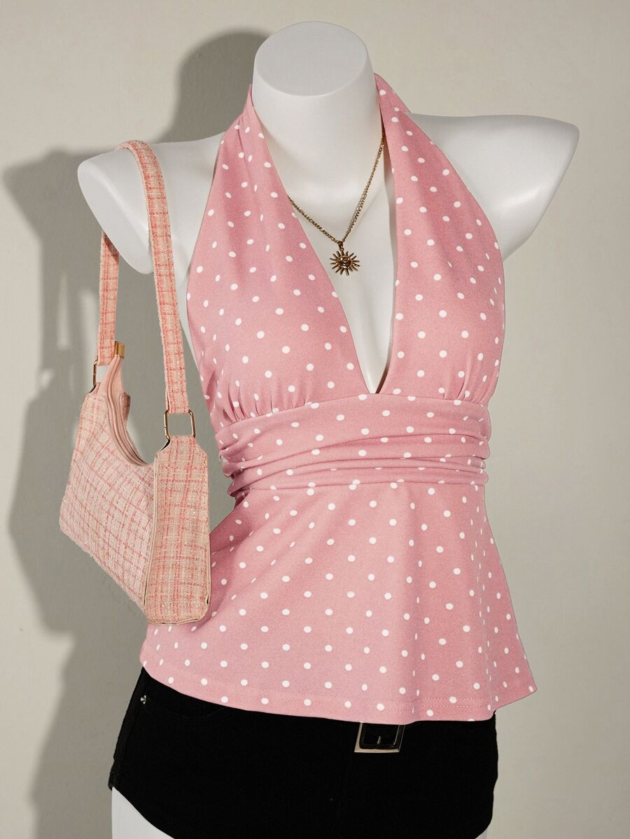 SHEIN ICON Camiseta sin tirantes de mujer con cuello en V profundo, drapeado y estampado de lunares, sin espalda - Rosa - Ver 1