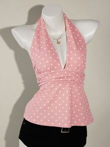 SHEIN ICON Camiseta sin tirantes de mujer con cuello en V profundo, drapeado y estampado de lunares, sin espalda - Rosa - Ver 7