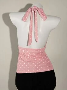 SHEIN ICON Camiseta sin tirantes de mujer con cuello en V profundo, drapeado y estampado de lunares, sin espalda - Rosa - Ver 2