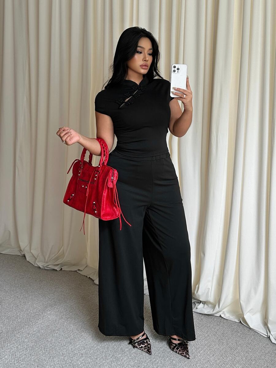 GalTyme Plus Size Women Solid Color Short Sleeve Top And Long Pants Casual Daily 2 Pieces Set - Black - View 1
