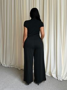 GalTyme Plus Size Women Solid Color Short Sleeve Top And Long Pants Casual Daily 2 Pieces Set - Black - View 2