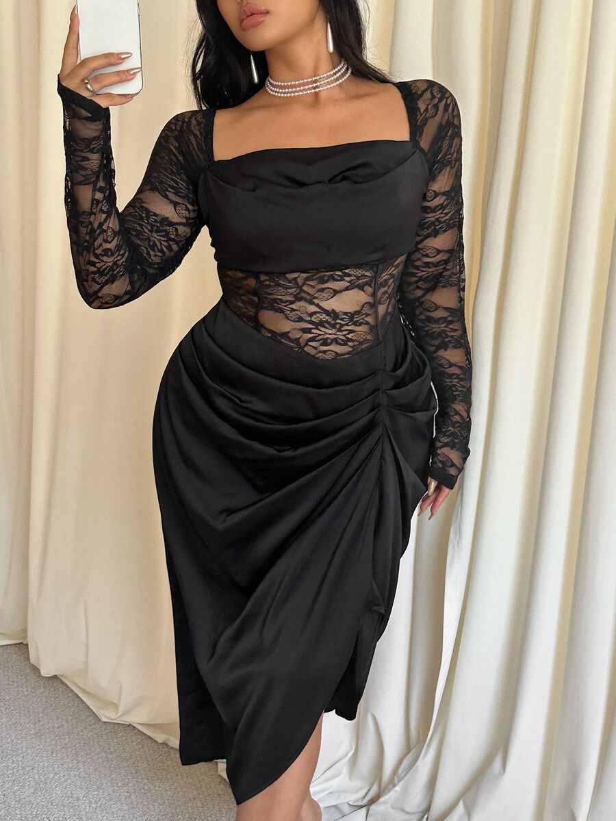 GalTyme Plus Size Women's Contrast Lace Long Sleeve Square Neck Pleated Asymmetric Design Dress - Black - View 1