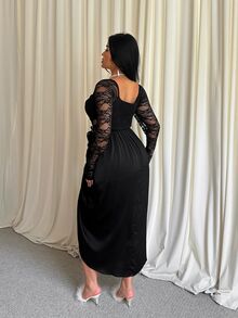 GalTyme Plus Size Women's Contrast Lace Long Sleeve Square Neck Pleated Asymmetric Design Dress - Black - View 2