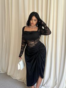 GalTyme Plus Size Women's Contrast Lace Long Sleeve Square Neck Pleated Asymmetric Design Dress - Black - View 3