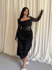 GalTyme Plus Size Women's Contrast Lace Long Sleeve Square Neck Pleated Asymmetric Design Dress - Black - View 6