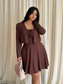 GalTyme Plus Size Women 2in1 Tie-Front Ruched Dress And Long Sleeve Cardigan Set - Brown - View 4