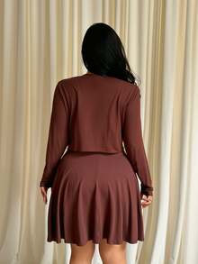 GalTyme Plus Size Women 2in1 Tie-Front Ruched Dress And Long Sleeve Cardigan Set - Brown - View 2