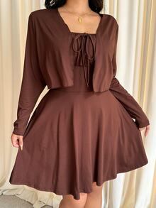 GalTyme Plus Size Women 2in1 Tie-Front Ruched Dress And Long Sleeve Cardigan Set - Brown - View 1