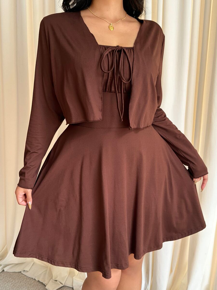 GalTyme Plus Size Women 2in1 Tie-Front Ruched Dress And Long Sleeve Cardigan Set - Brown - View 1