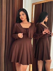 GalTyme Plus Size Women 2in1 Tie-Front Ruched Dress And Long Sleeve Cardigan Set - Brown - View 3