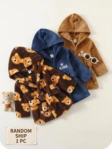 SHEIN Baby Boy Girl Cute Autumn/Winter Fluffy Cartoon Bear Pattern Brown Hooded Loungewear Bathrobe Pajamas Halloween Fall School Christmas Sleep Orange - Brown - View 3