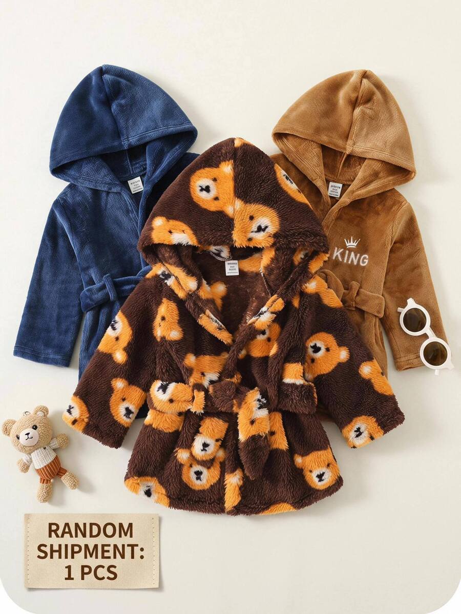 SHEIN Baby Boy Girl Cute Autumn/Winter Fluffy Cartoon Bear Pattern Brown Hooded Loungewear Bathrobe Pajamas Halloween Fall School Christmas Sleep Orange - Brown - View 1
