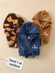 SHEIN Baby Boy Girl Cute Autumn/Winter Fluffy Cartoon Bear Pattern Brown Hooded Loungewear Bathrobe Pajamas Halloween Fall School Christmas Sleep Orange - Brown - View 4