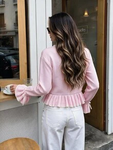 Serisse Women Frill Detailed Round Neck Flare Sleeve Baby Pink Fitted Sweater - Baby Pink - View 8