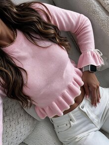 Serisse Women Frill Detailed Round Neck Flare Sleeve Baby Pink Fitted Sweater - Baby Pink - View 1