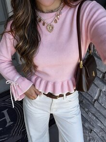 Serisse Women Frill Detailed Round Neck Flare Sleeve Baby Pink Fitted Sweater - Baby Pink - View 4