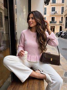 Serisse Women Frill Detailed Round Neck Flare Sleeve Baby Pink Fitted Sweater - Baby Pink - View 3