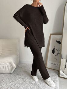 EURMUSE Women's Casual Solid Color Side Slit Top And Pants 2 Pieces Set Lounge Dark Brown Autumn - Chocolate Brown - View 5