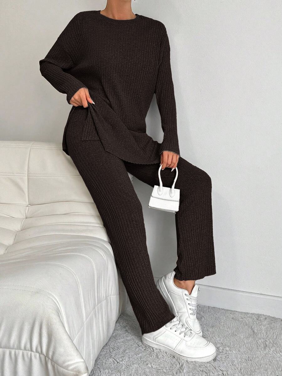 EURMUSE Women's Casual Solid Color Side Slit Top And Pants 2 Pieces Set Lounge Dark Brown Autumn - Chocolate Brown - View 1