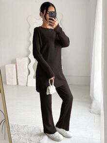EURMUSE Women's Casual Solid Color Side Slit Top And Pants 2 Pieces Set Lounge Dark Brown Autumn - Chocolate Brown - View 9