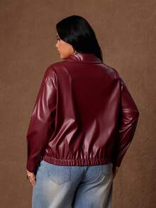 Rustia Jaket Kulit PU Model Drop Shoulder untuk Musim Dingin - Burgundy - View 2