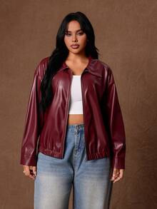 Rustia Jaket Kulit PU Model Drop Shoulder untuk Musim Dingin - Burgundy - View 7