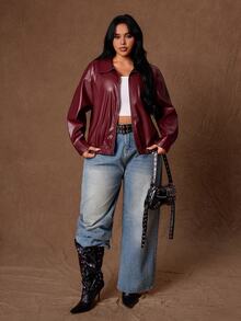Rustia Jaket Kulit PU Model Drop Shoulder untuk Musim Dingin - Burgundy - View 6