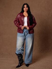 Rustia Jaket Kulit PU Model Drop Shoulder untuk Musim Dingin - Burgundy - View 8