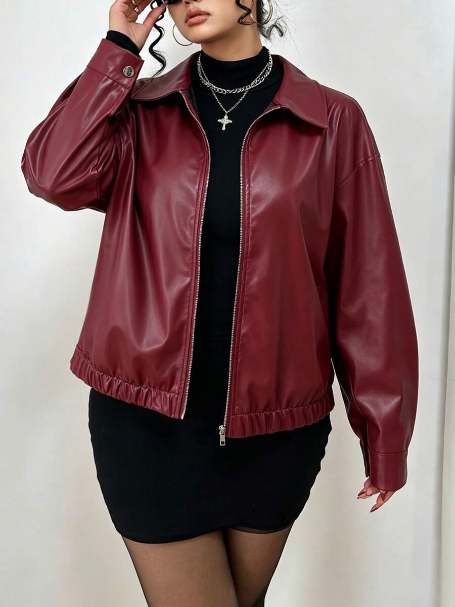 Rustia Jaket Kulit PU Model Drop Shoulder untuk Musim Dingin - Burgundy - View 1