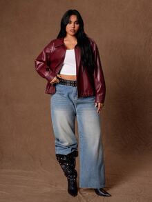 Rustia Jaket Kulit PU Model Drop Shoulder untuk Musim Dingin - Burgundy - View 4