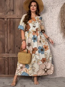 EMERY ROSE Short Sleeve Country Vintage Vacation Style Cut-Out Waist Double Pocket Long Dress Plus Size Spring Summer - Multicolor - View 6