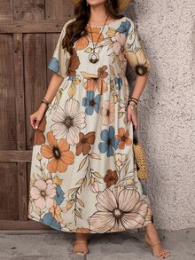 EMERY ROSE Short Sleeve Country Vintage Vacation Style Cut-Out Waist Double Pocket Long Dress Plus Size Spring Summer - Multicolor - View 8