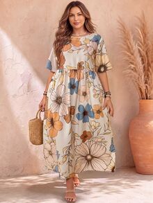 EMERY ROSE Short Sleeve Country Vintage Vacation Style Cut-Out Waist Double Pocket Long Dress Plus Size Spring Summer - Multicolor - View 1