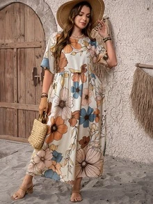 EMERY ROSE Short Sleeve Country Vintage Vacation Style Cut-Out Waist Double Pocket Long Dress Plus Size Spring Summer - Multicolor - View 5