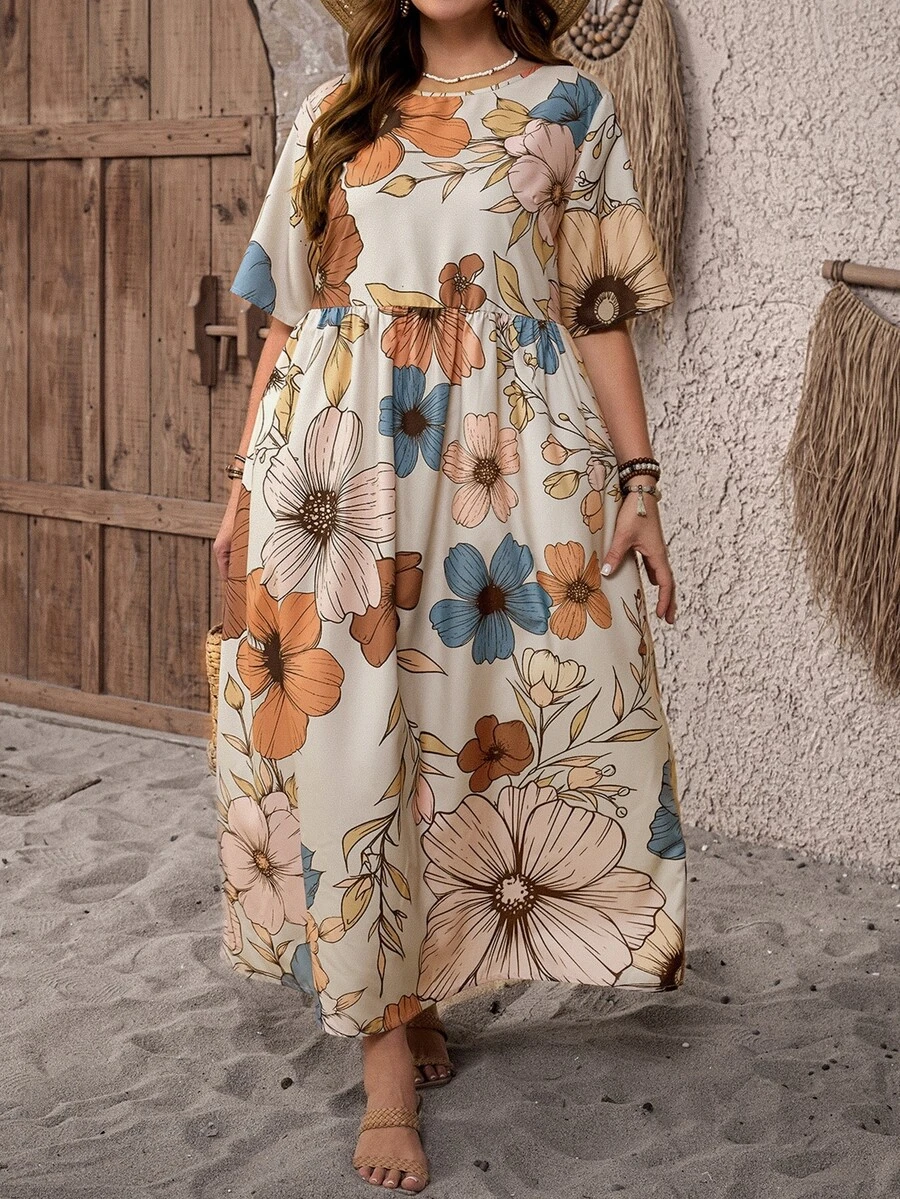 EMERY ROSE Short Sleeve Country Vintage Vacation Style Cut-Out Waist Double Pocket Long Dress Plus Size Spring Summer - Multicolor - View 1