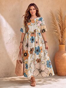 EMERY ROSE Short Sleeve Country Vintage Vacation Style Cut-Out Waist Double Pocket Long Dress Plus Size Spring Summer - Multicolor - View 4
