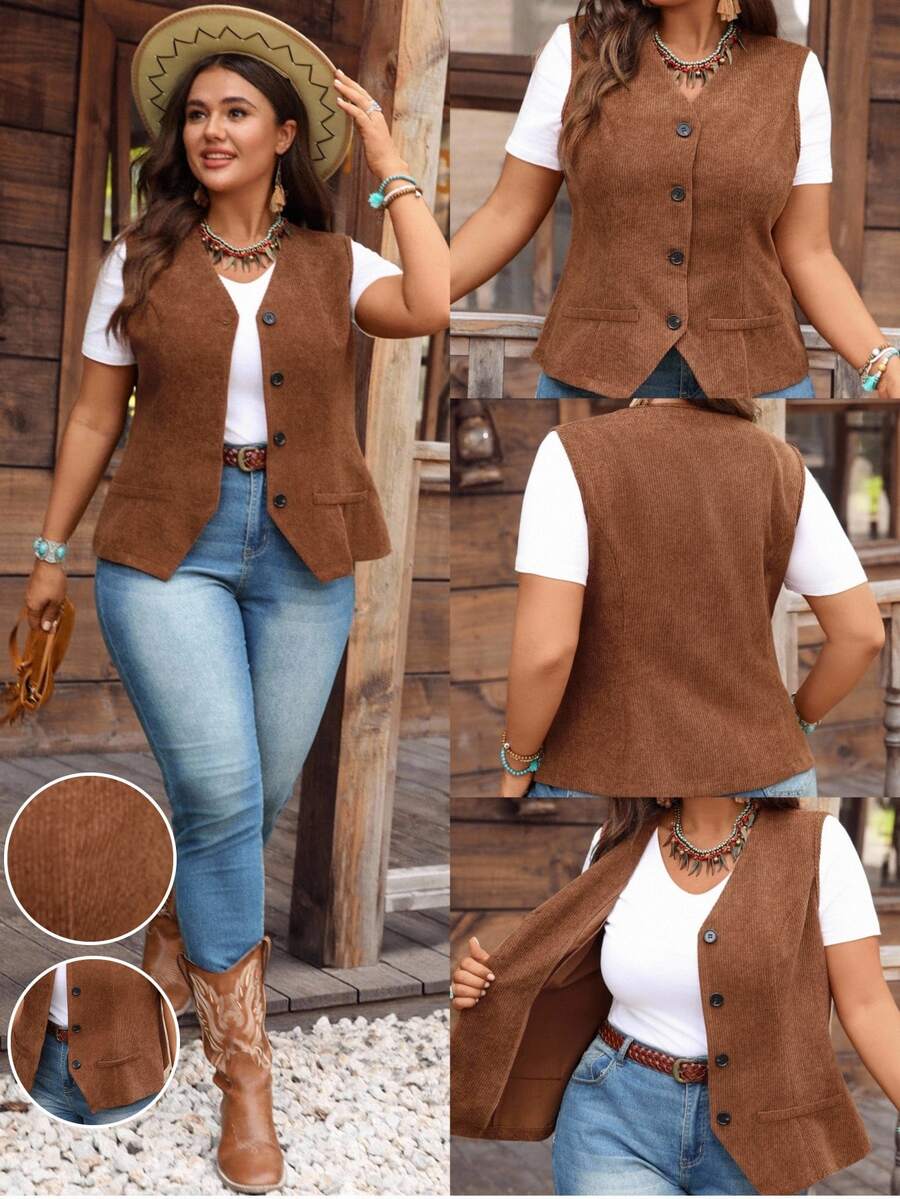 EMERY ROSE Plus Size Women Autumn Western Corduroy Single Breasted Open Front Vest Jacket,Hiking Streetwear,Country Concert,Old Money Style,Fall Clothes,Spring