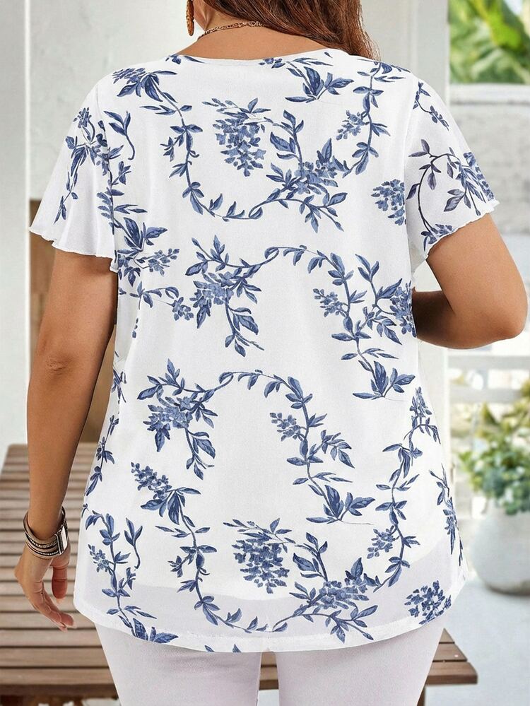 EMERY ROSE Plus Size Women's Blue And White Floral Print Short Sleeve Tunic Blouse,Summer Elegant Everyday Casual Vacation Country Shirt,Holiday Outfits,2026 - White - View 6