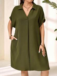 EMERY ROSE Plus Size Solid Color Collared Short Sleeve Casual Mini Dress, Minimalist Style,Summer Outfits For Women,Spring/Vacation - Army Green - View 5