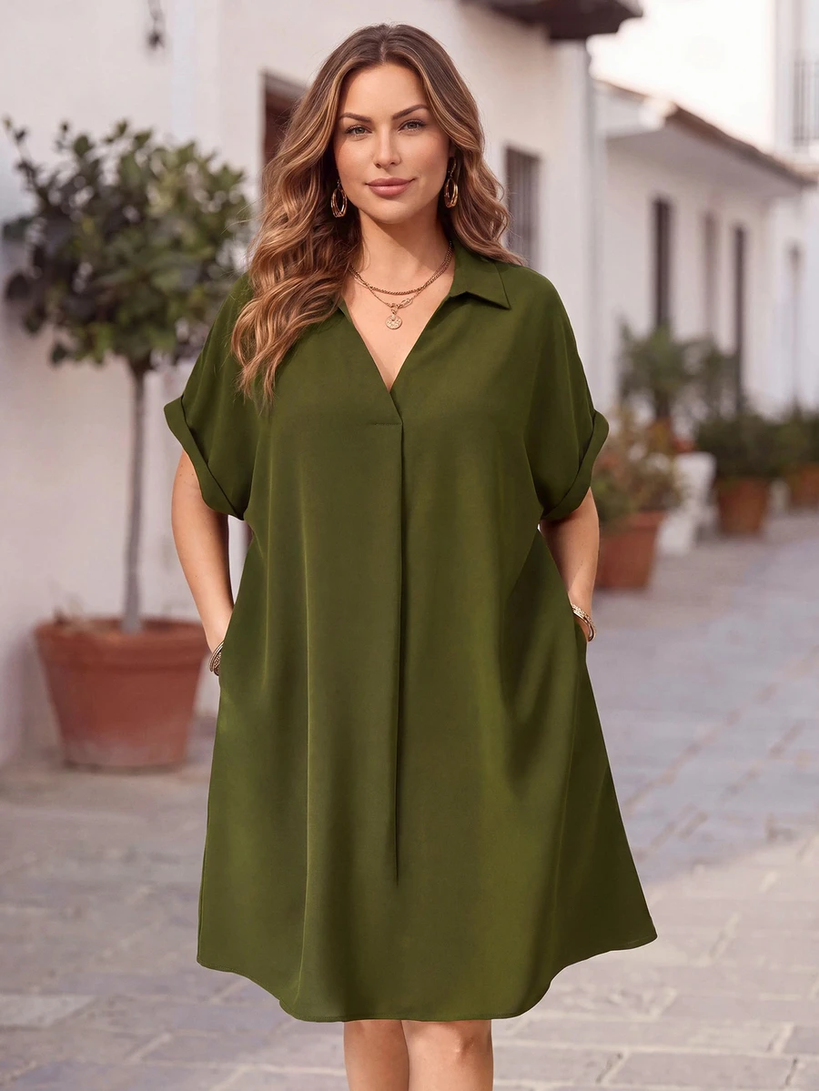 EMERY ROSE Plus Size Solid Color Collared Short Sleeve Casual Mini Dress, Minimalist Style,Summer Outfits For Women,Spring/Vacation - Army Green - View 1