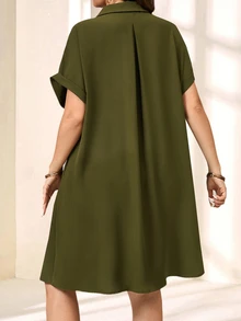 EMERY ROSE Plus Size Solid Color Collared Short Sleeve Casual Mini Dress, Minimalist Style,Summer Outfits For Women,Spring/Vacation - Army Green - View 2