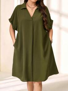 EMERY ROSE Plus Size Solid Color Collared Short Sleeve Casual Mini Dress, Minimalist Style,Summer Outfits For Women,Spring/Vacation - Army Green - View 3