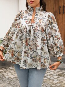 Rusticease 大尺碼女款花卉印花百褶休閒波西米亞風百搭日常穿著上衣，白色秋季海灘度假上衣 - 彩色 - 查看 5